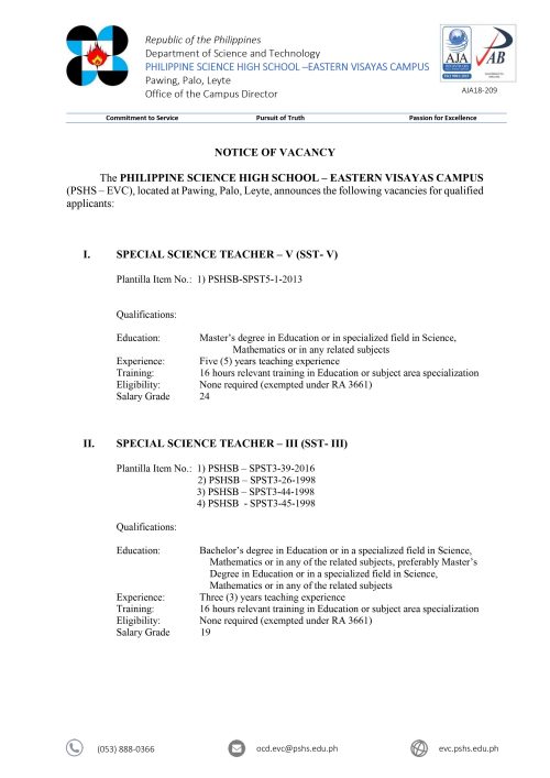Notice of Vacancy for SST V, III, II, I