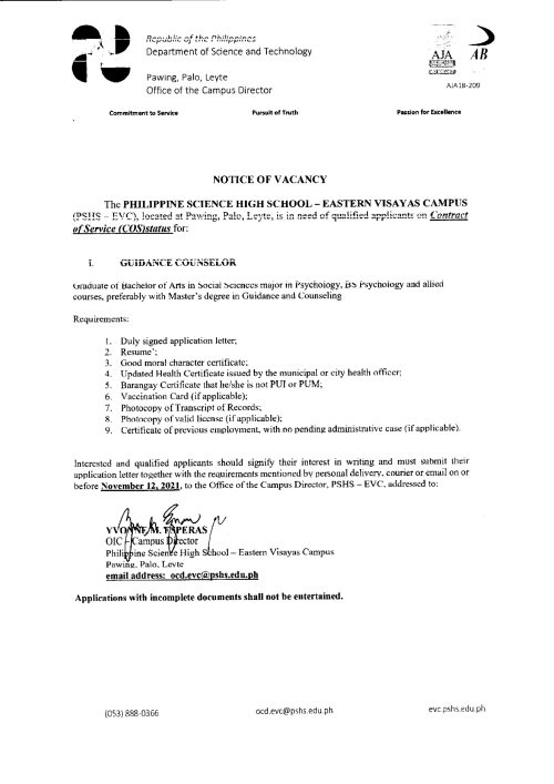 Notice of Vacancy – Guidance Counselor
