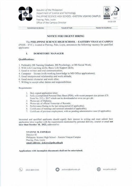 Notice of Urgent Hiring for Dormitory Manager