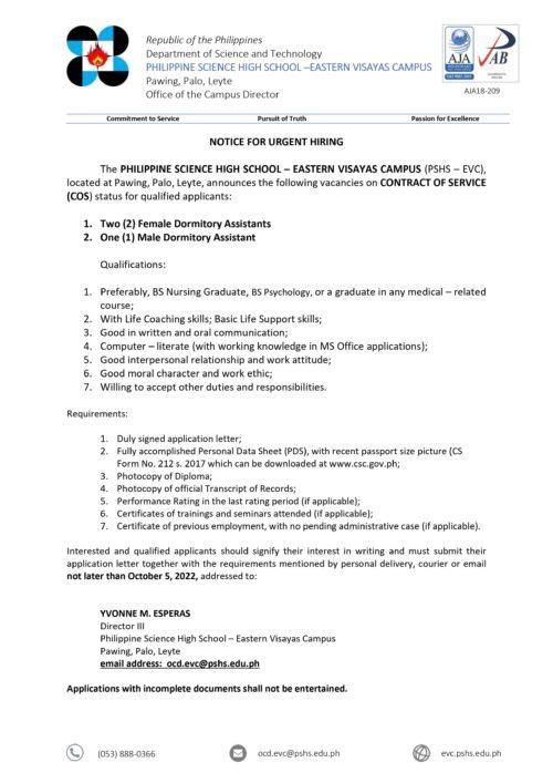 Notice of Vacancy for Dorm Assistants